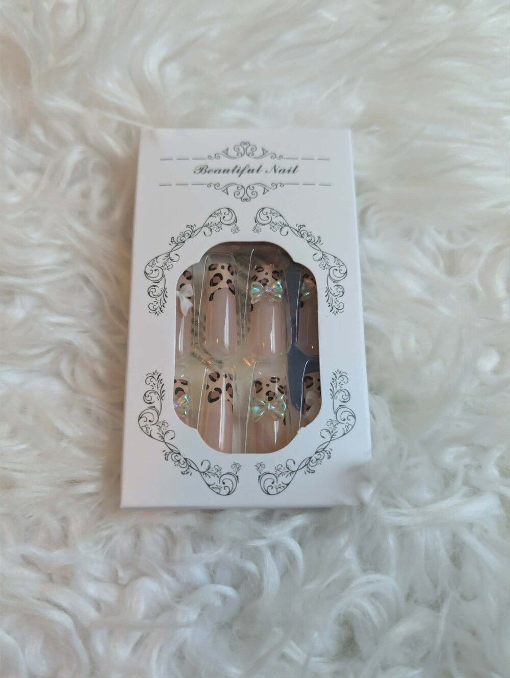 Nwt Nude Cheetah Press-On Nails with Leopard Tip and Iridescent Bow Accents